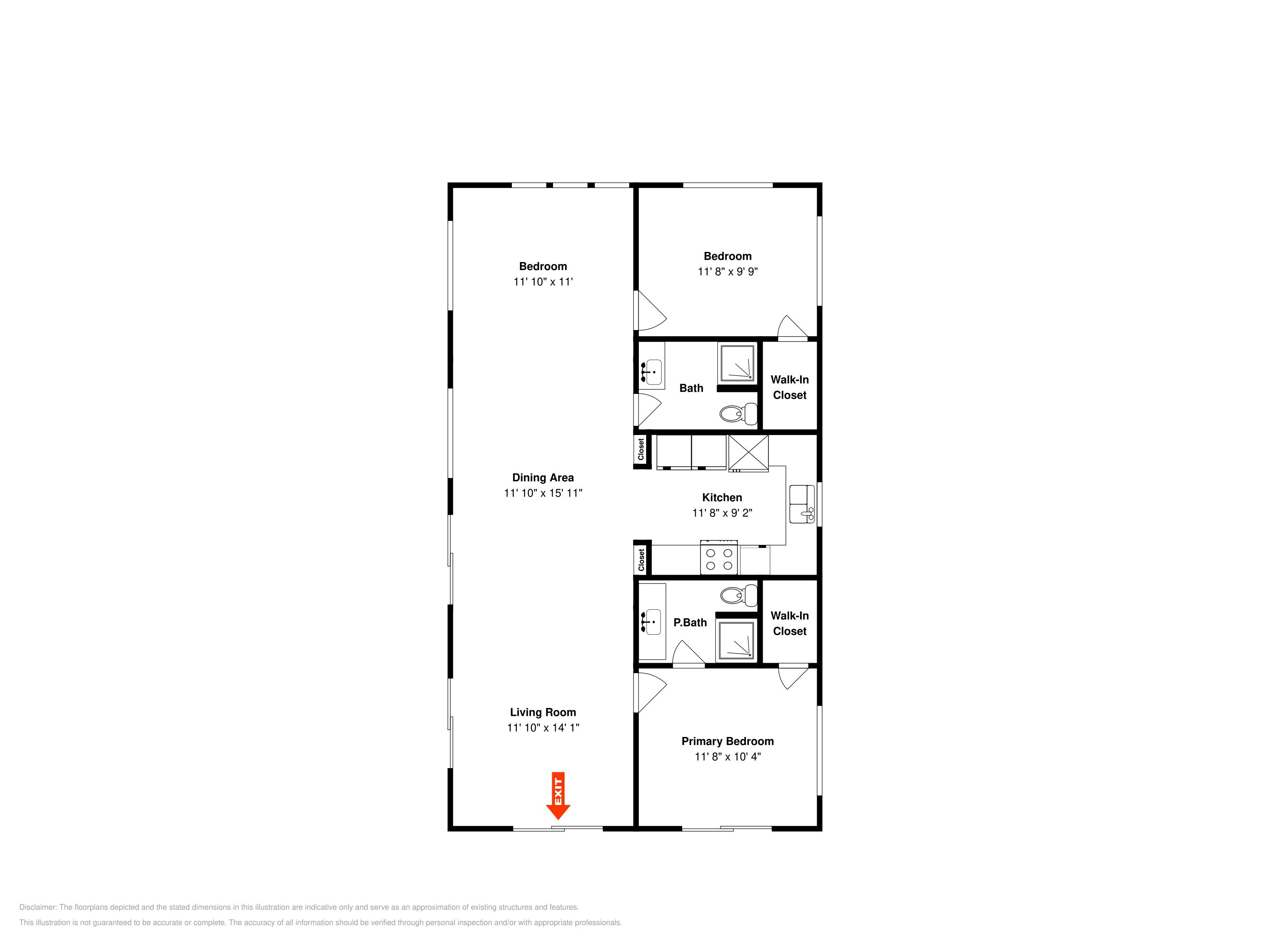 Ein Grundriss mit Essbereich, Küche, zwei Schlafzimmern, einem Badezimmer und einem Wohnzimmer.