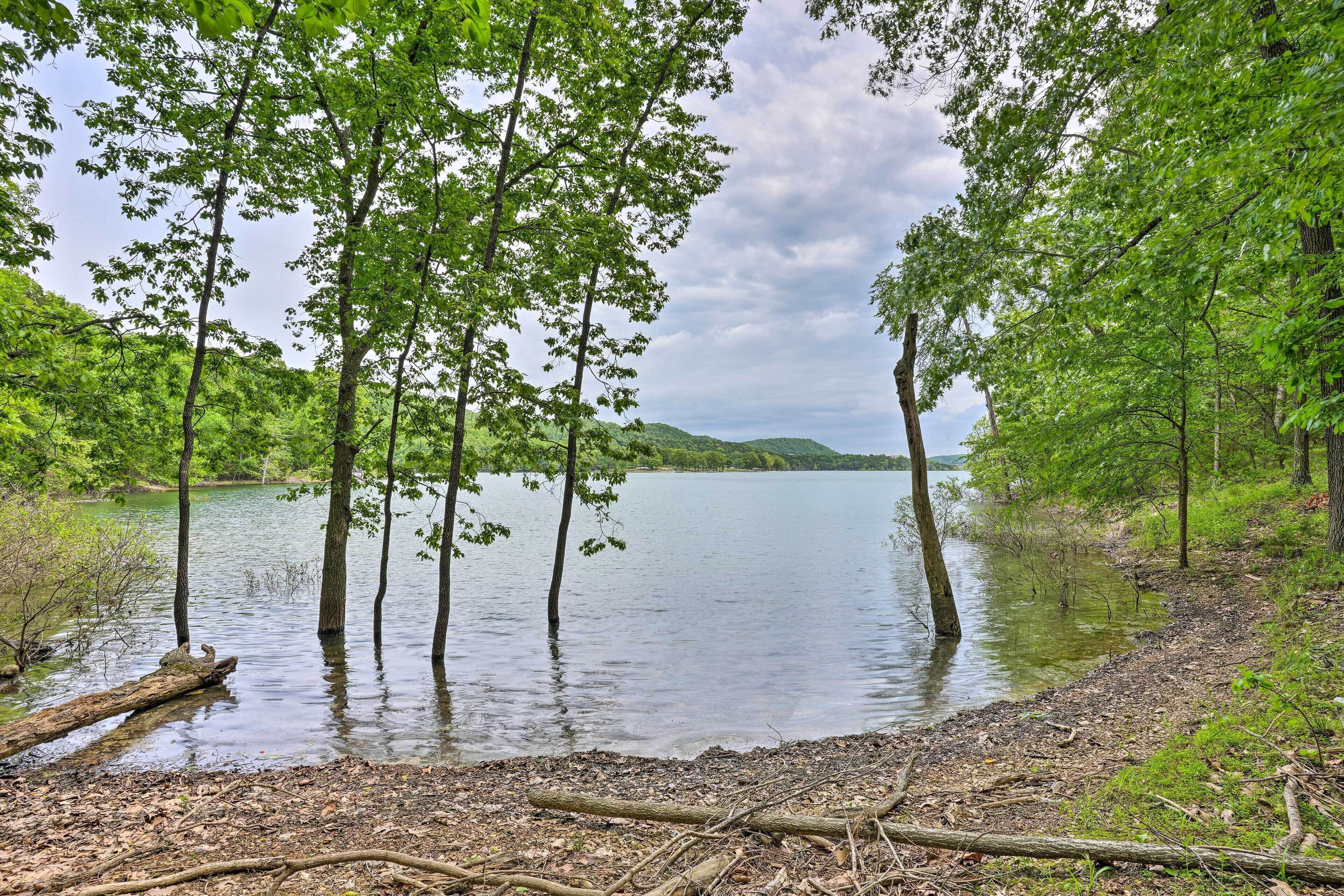 A natural landscape with a lake surrounded by trees and a forested area.
