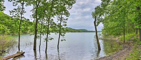 A natural landscape with a lake surrounded by trees and a forested area.