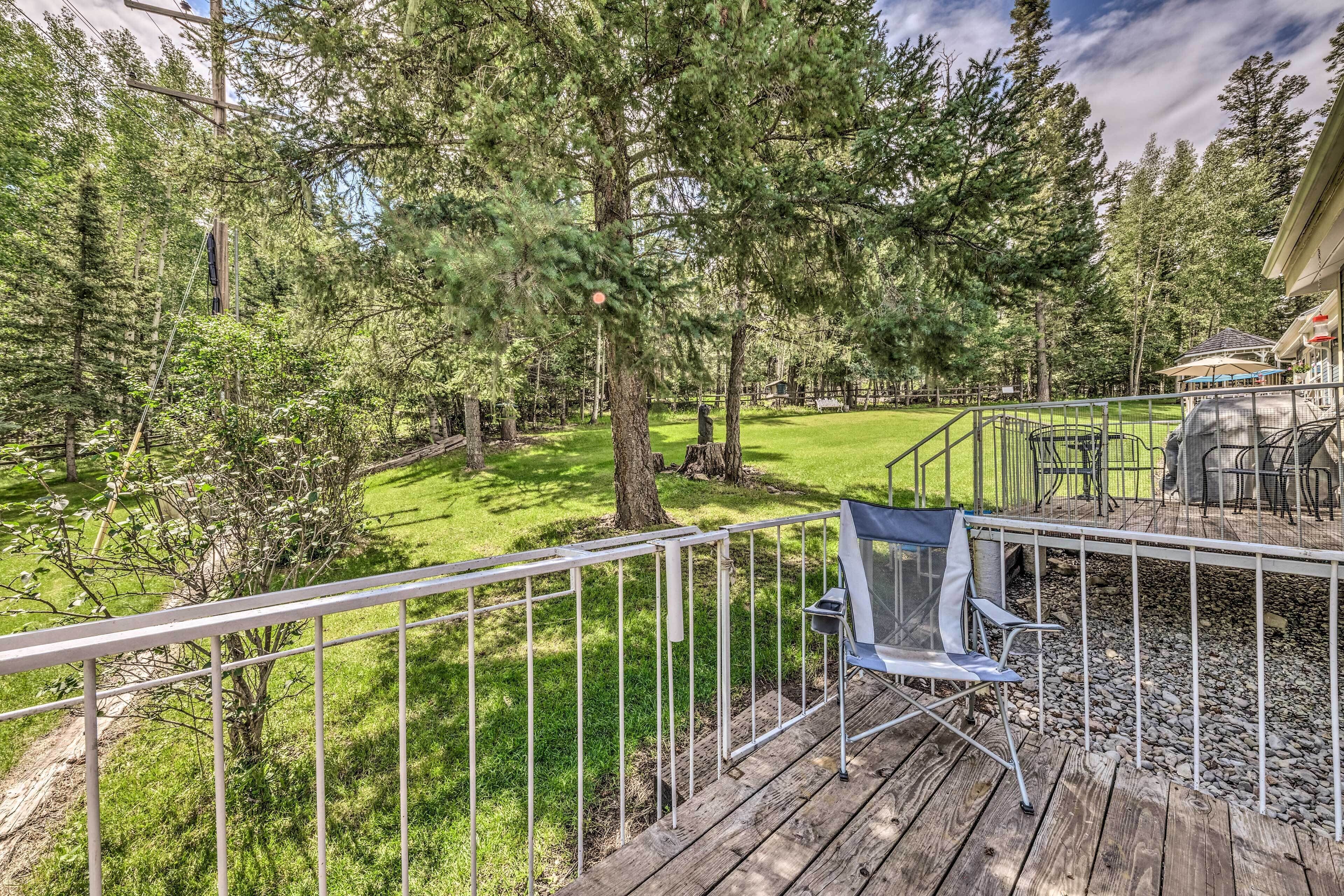 A wooden deck with a metal railing, a blue folding chair, and a view of a grassy yard with trees.