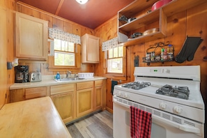 A wooden cabin kitchen with a stove, sink, and cabinets. - Near Snowmobiling! Carp Lake Cottage w/ Fire Pit (Carp Lake)