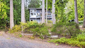 A two-story cabin surrounded by tall trees and dense foliage. - Dreamy Waterfront Studio w/ Hood Canal Views (Shelton)