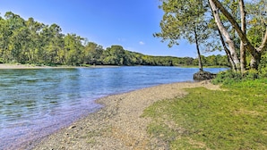 A riverbank with pebbles and grass, trees, and a clear blue sky.