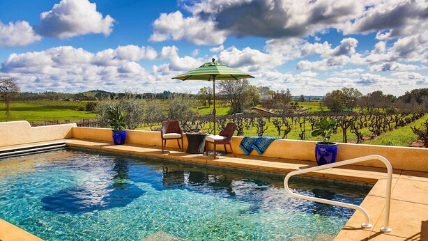 A swimming pool with clear water, surrounded by a tiled deck, two chairs, a table, and a blue umbrella. - Working Vineyard & Private Pool: Villa in Plymouth (Plymouth)