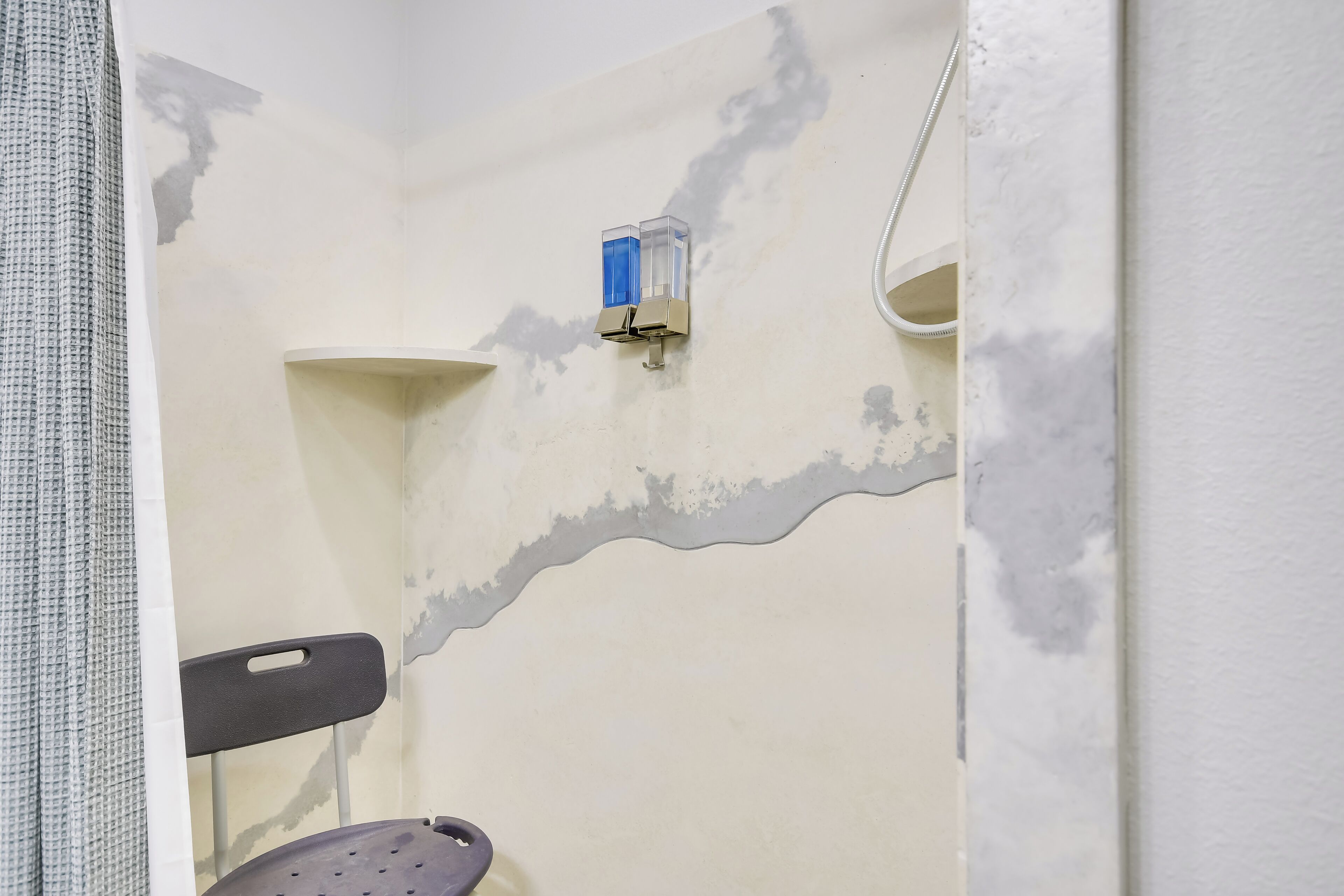 Une salle de bain équipée d’une douche, d’un porte-serviettes et d’un distributeur de savon.