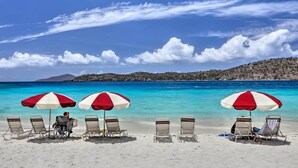 A beach with three umbrellas and four lounge chairs. - Saint Thomas Condo w/ Ocean Views, Walk to Beach! (St. Thomas)