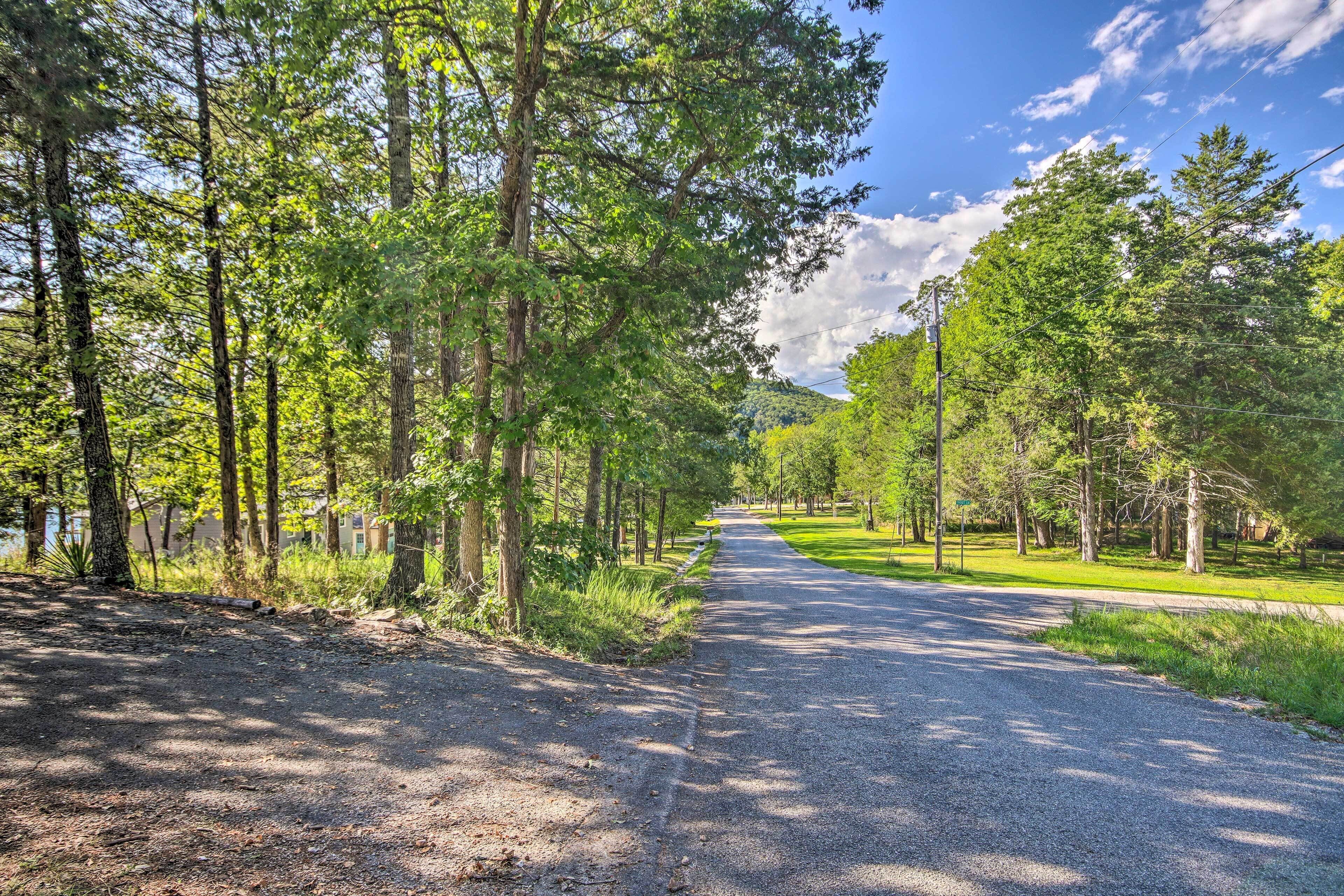 A paved road flanked by tall trees and a grassy area, leading towards a hilly landscape.