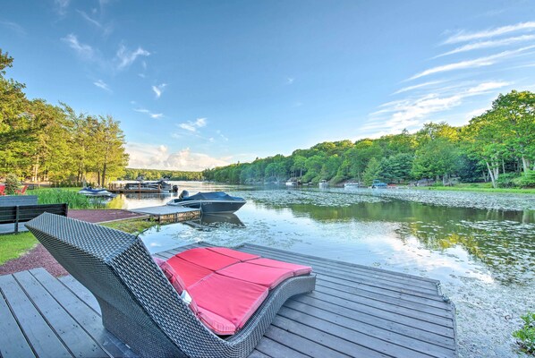 House (6 Bedrooms) | Front of property - Hot Tub & Fire Pit: Waterfront Lake Harmony Home (Lake Harmony)