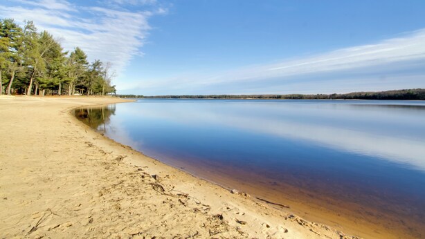 A beach with clear water, trees, and a calm sky. - Wisconsin Cabin w/ ATV Trails, Near Lake Arbutus! (Merrillan)