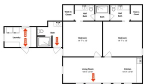 Plano de un hotel con dos dormitorios, sala de estar, cocina, baño, zona de lavandería y un porche.