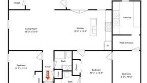 A floor plan with a sun room, patio, living room, kitchen, laundry, walk-in closet, three bedrooms, foyer, bath, closet, and carport. - Pelican Cove by Miss Kitty’s (Rockport)