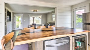 A kitchen with a wooden island, a refrigerator, and a built-in freezer. - Amenity-packed Nebo Oasis w/ Deck & Mtn Views (Nebo)