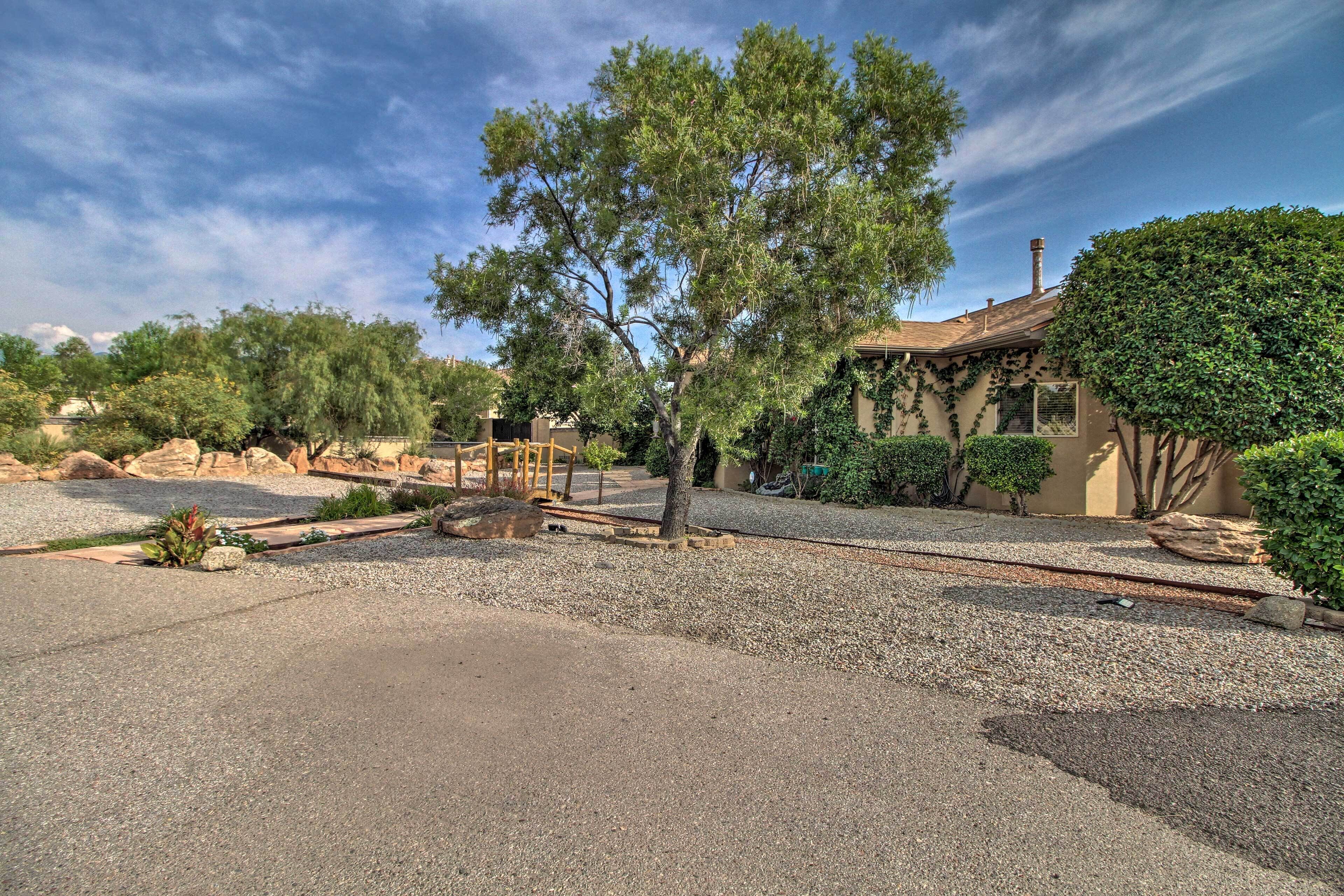 A residential area with a paved driveway, a wooden deck, and a large tree in the center.