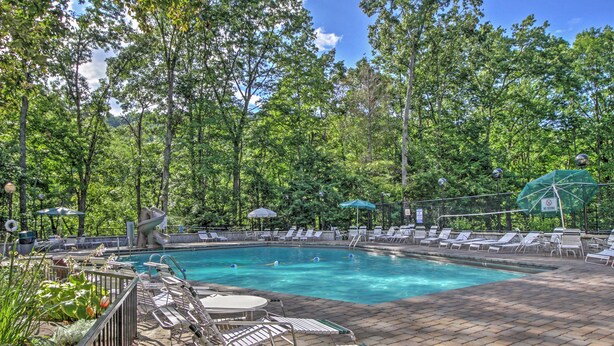 A swimming pool surrounded by trees, with lounge chairs and umbrellas. - Mtn-view Cabin w/ Private Hot Tub in Gatlinburg! (Gatlinburg)