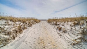 Un sentier de sable bordé d’herbes sèches, qui mène à l’océan.