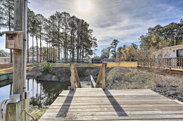 Un pont en bois menant à un quai surplombant une étendue d’eau calme, entouré de grands arbres et sous un ciel dégagé.
