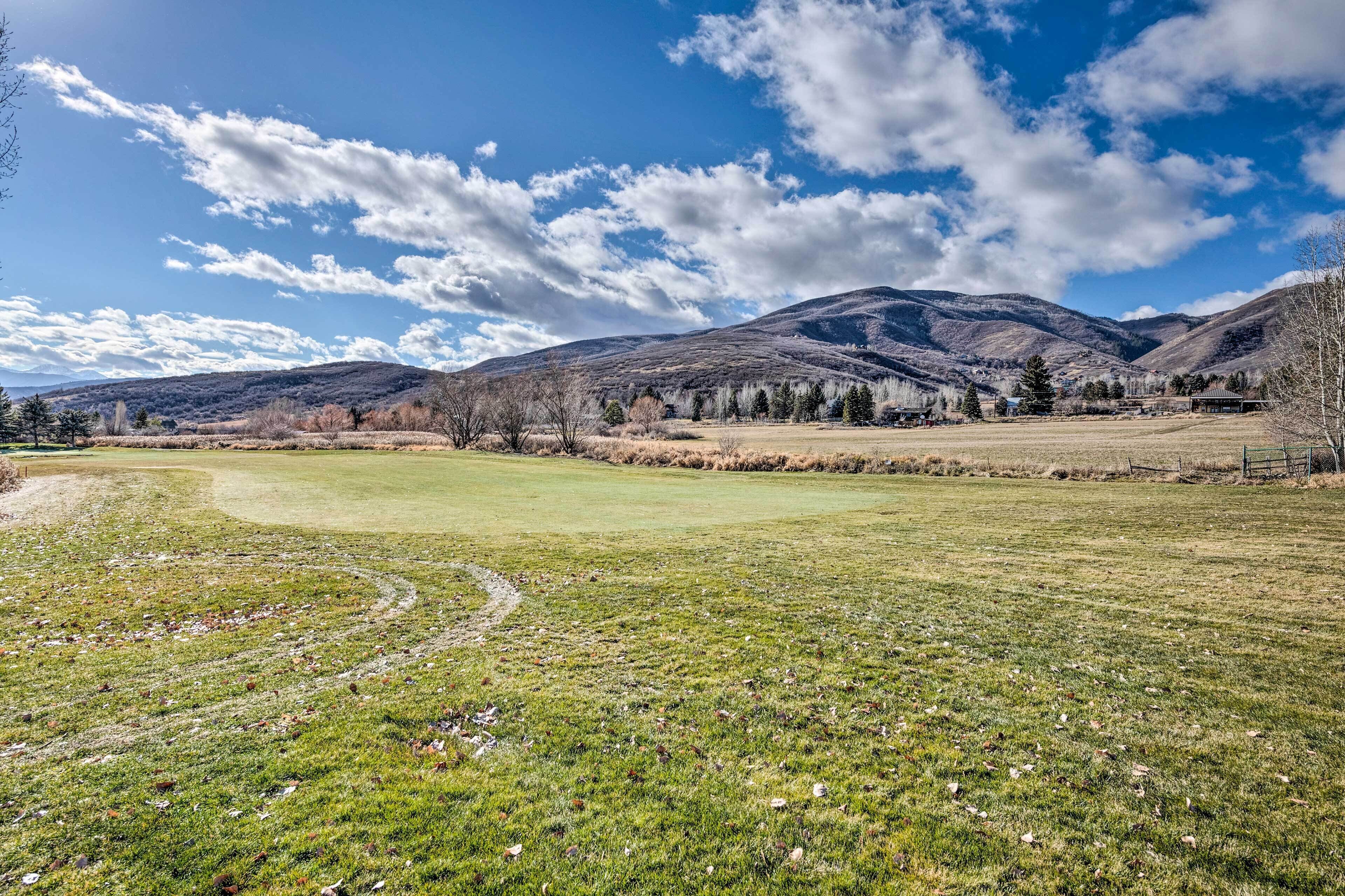 A wide, open field with a clear sky and distant mountains.