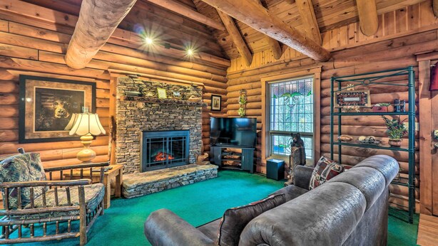 A log cabin interior with a stone fireplace, a television, and a green carpet.