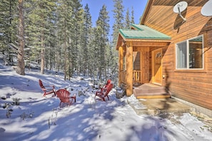 A wooden cabin with a green roof, surrounded by snow-covered ground and tall pine trees. - Idyllic Fairplay Cabin w/ Mt Silverheels View (Fairplay)