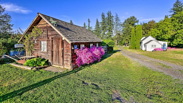 Une cabane en bois rustique, dotée d’un toit en pente, entourée d’une végétation luxuriante et surplombée d’un ciel bleu azur.
