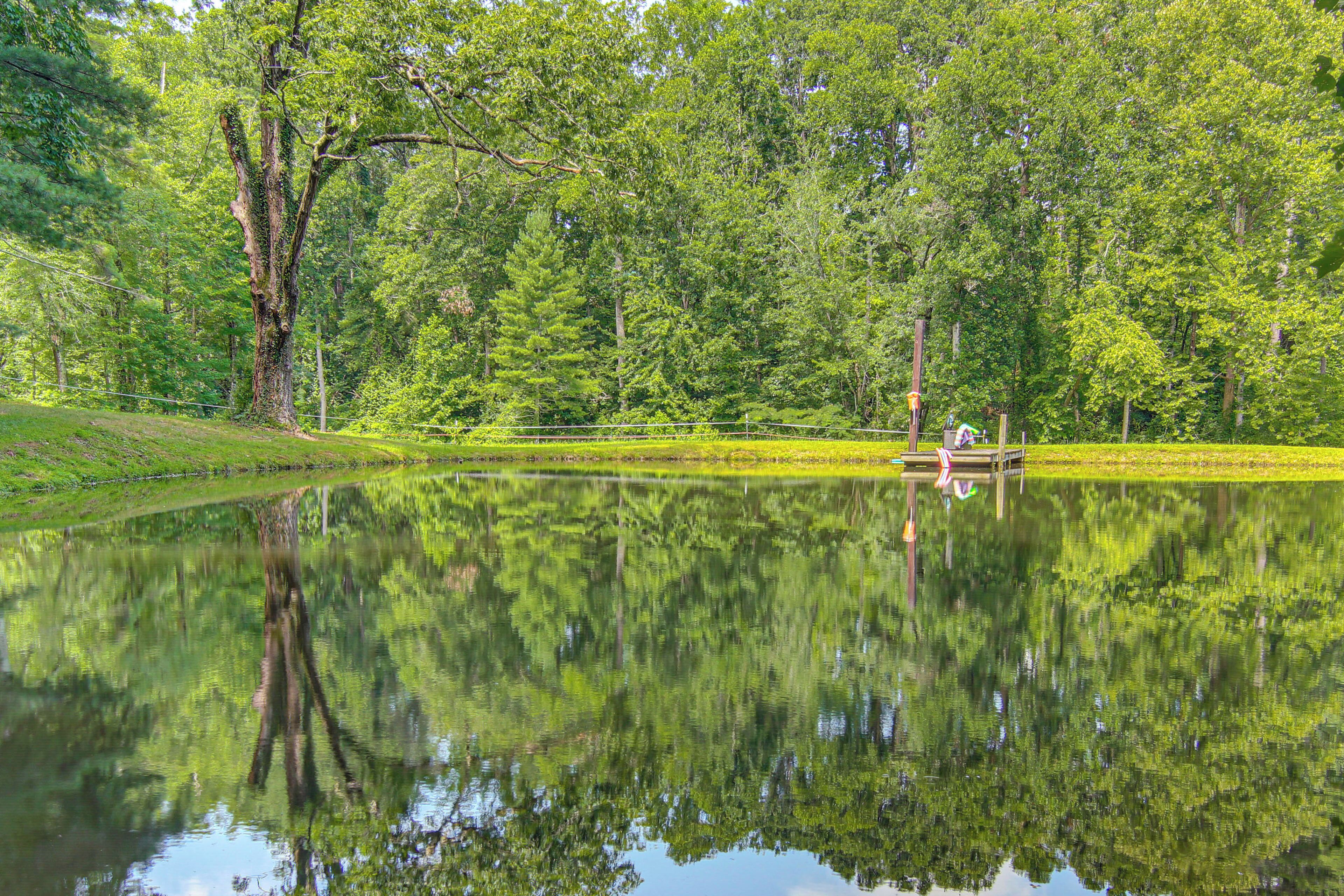 A serene lake with a wooden dock and a small boat, surrounded by dense green trees.