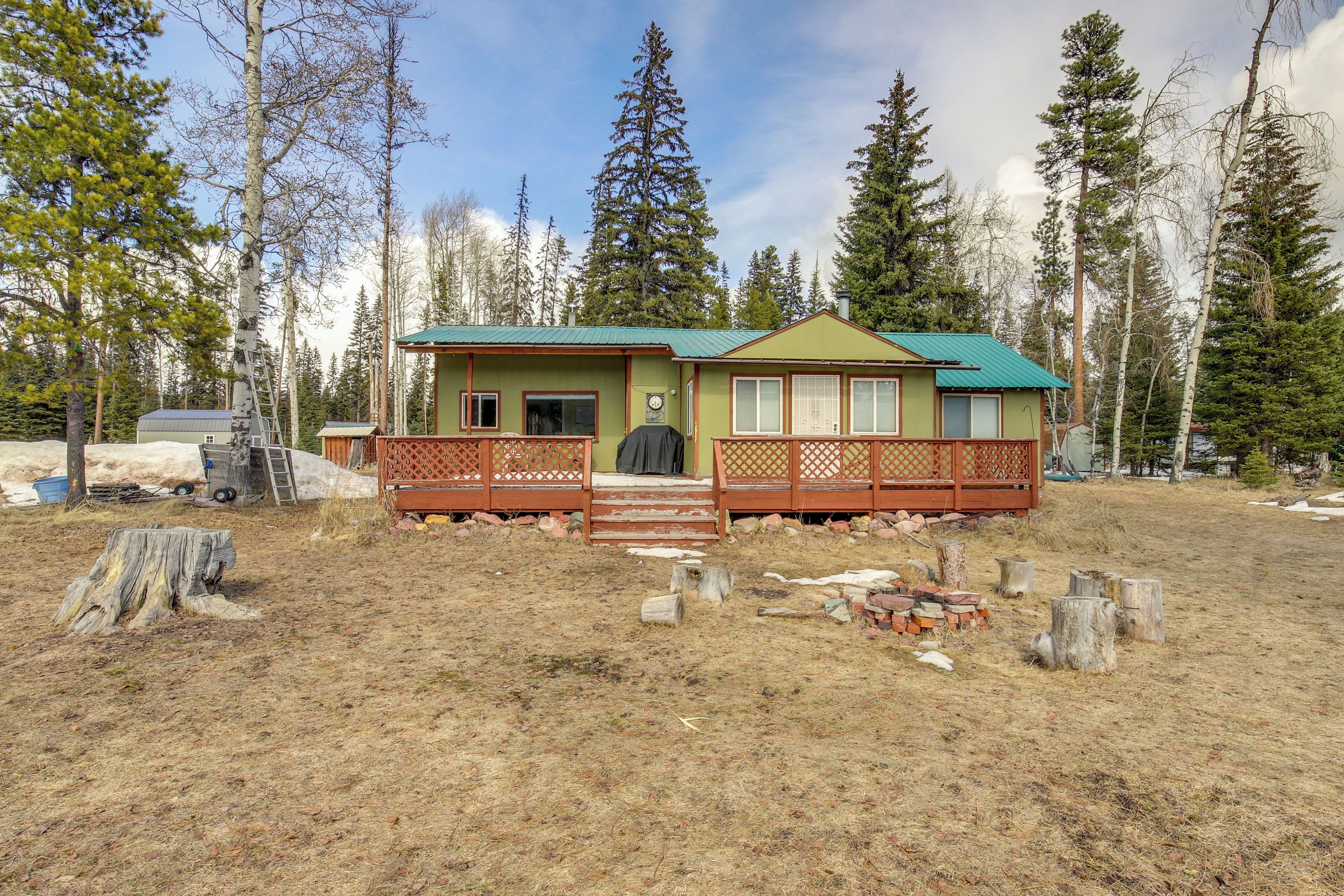 Une cabane dotée d’un toit végétalisé et d’une terrasse en bois, entourée d’arbres et d’une zone herbeuse aride.