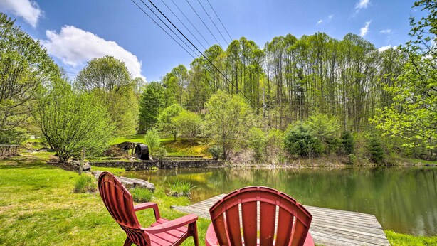 A lakeside setting with two red Adirondack chairs and a wooden dock extending into the water. - Mars Hill Cabin w/ Pool Table ~ 2 Mi to Wolf Ridge (Mars Hill)