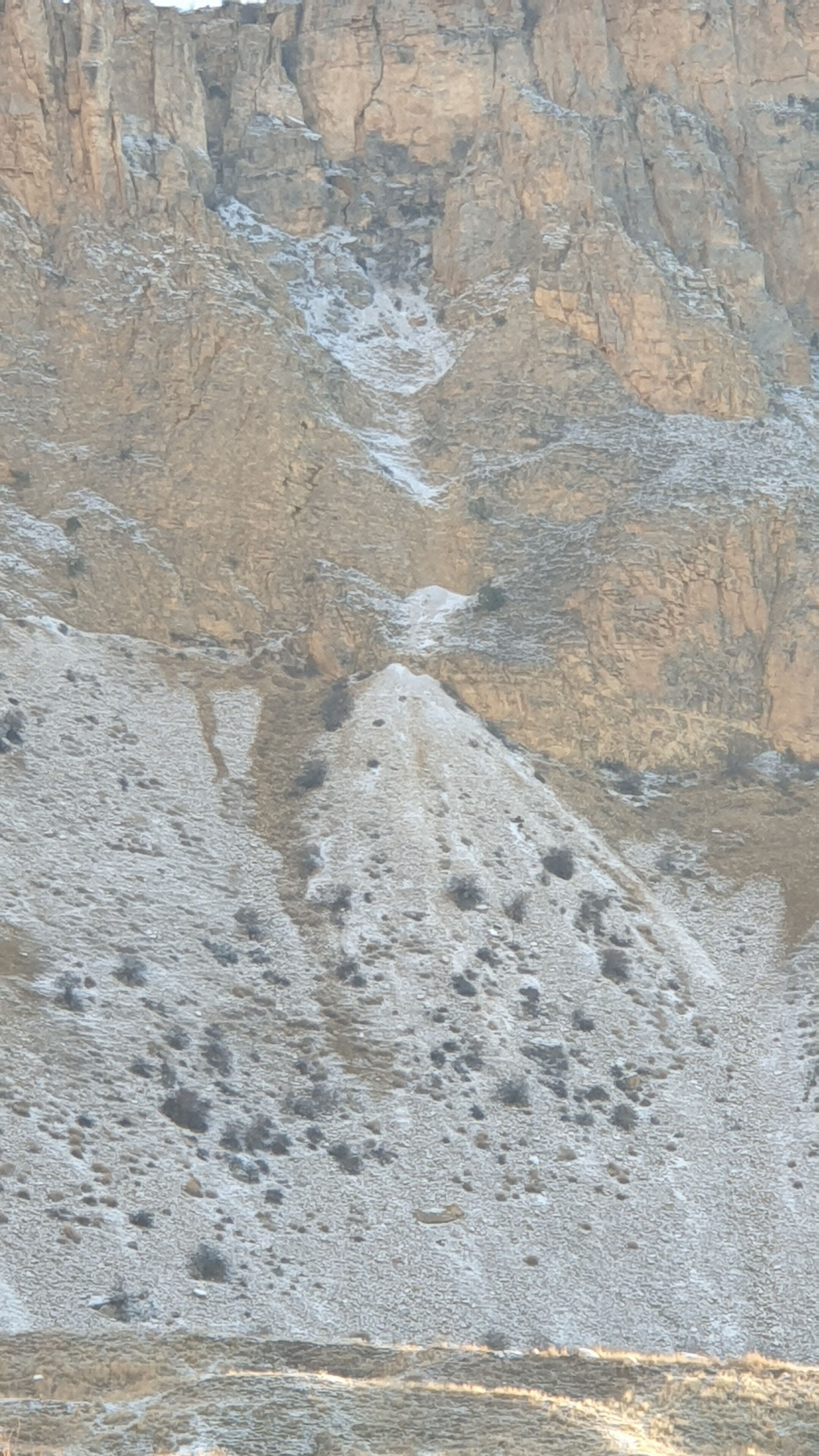 A rugged mountain landscape with rocky terrain and sparse vegetation.