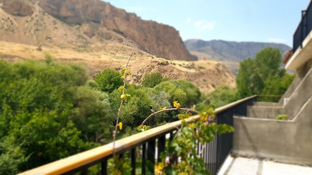 A balcony with a view of a mountainous landscape, a railing, and some greenery. - Areni Lodge (Areni)