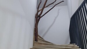 A staircase with a wooden branch sculpture at the top. - Areni Lodge (Areni)