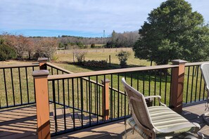 A deck with a wooden railing, a chair, and a view of a grassy field and trees.