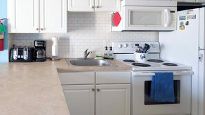 A kitchen with white cabinets, a microwave, a stove, and a sink. - Coastal Condo w/ Pool, 1 Block to Wildwood Beach! (North Wildwood)