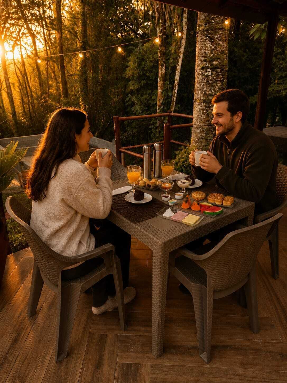 An outdoor dining area with wicker chairs, a table set with food and drinks, and string lights in the background.