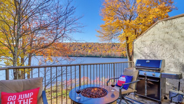 Une terrasse avec une table en pierre, un barbecue et une vue sur un lac entouré d’arbres aux couleurs automnales.