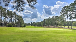 Un campo de golf con un green impecable, rodeado de altos pinos y un cielo despejado.
