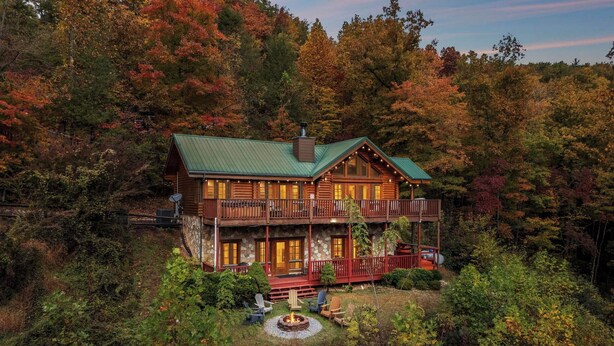 A two-story log cabin with a green roof, surrounded by dense forest.