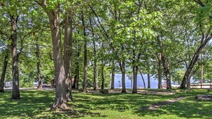 Un parc avec des arbres et un sentier.