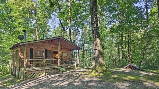 A wooden cabin with a deck, surrounded by a forest. - Pisgah Forest 'the Oak' Cabin w/ Deck by Creek (Barnardsville)