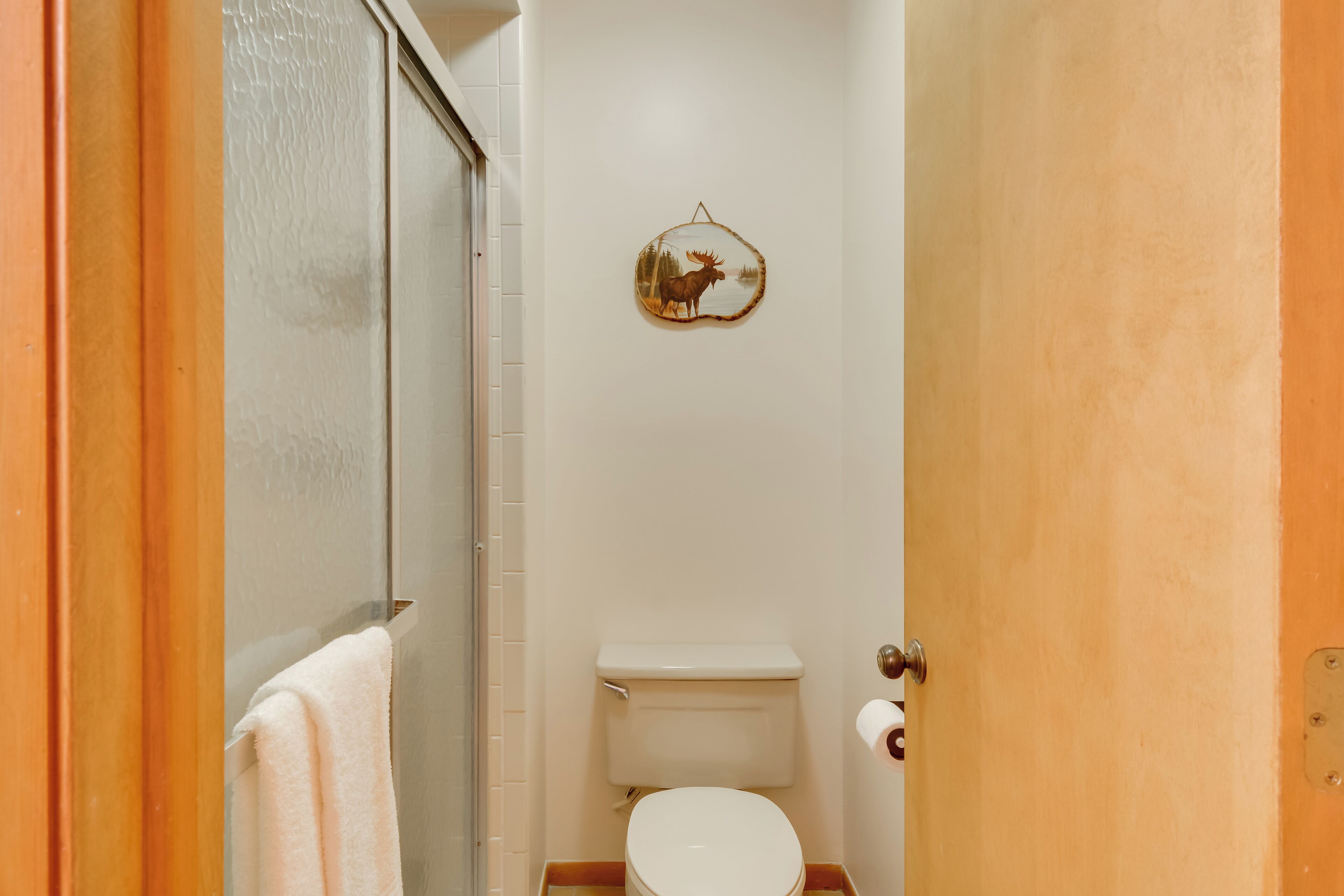 Un baño pequeño con inodoro, una toalla colgada en la pared y una puerta de madera.