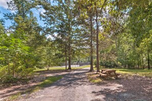 A forested area with a gravel path leading to a picnic table. - Mineral Getaway w/ Grill, Fire Pits + Boat Docks! (Mineral)
