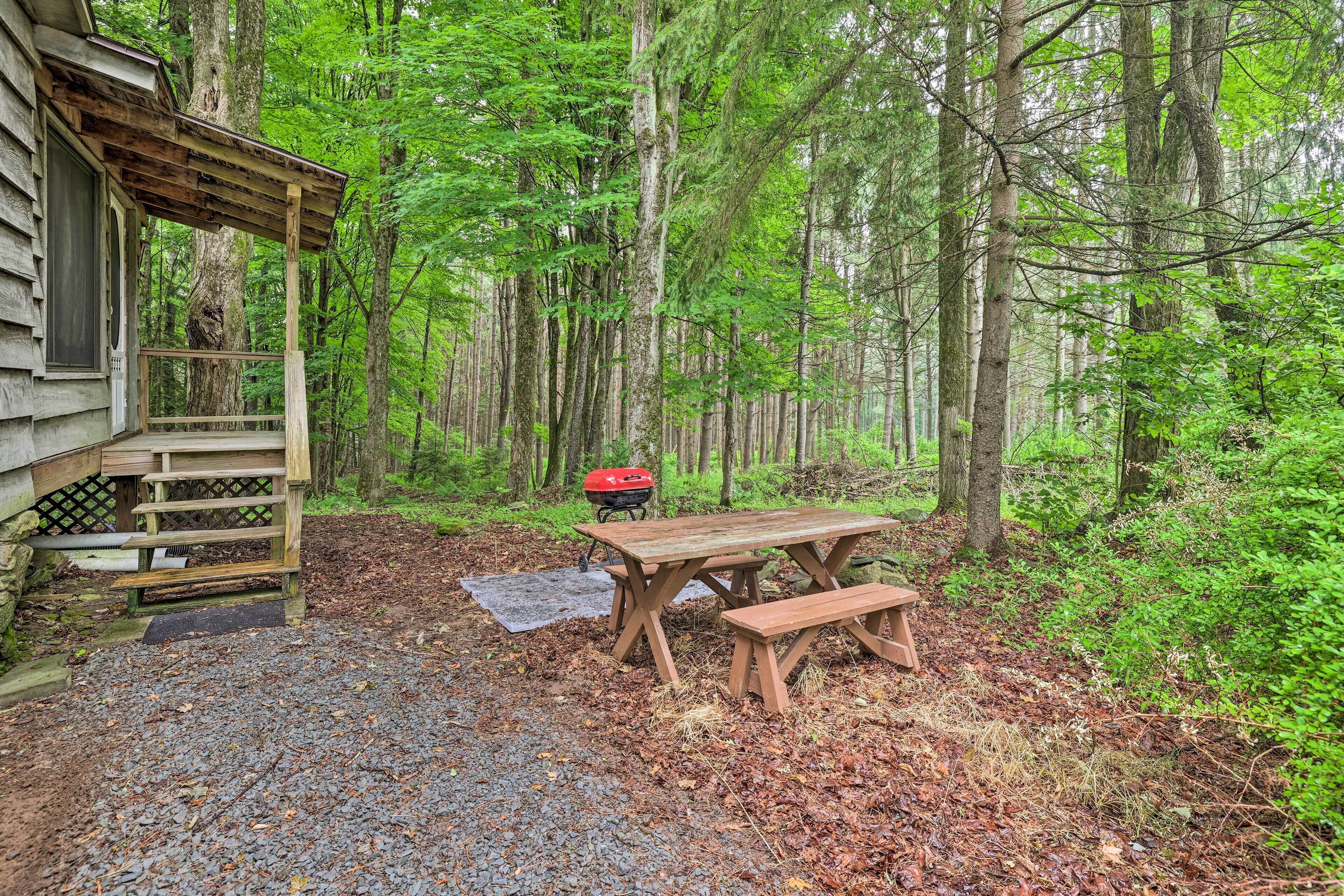 A rustic cabin with a wooden deck and picnic table in a forested area.