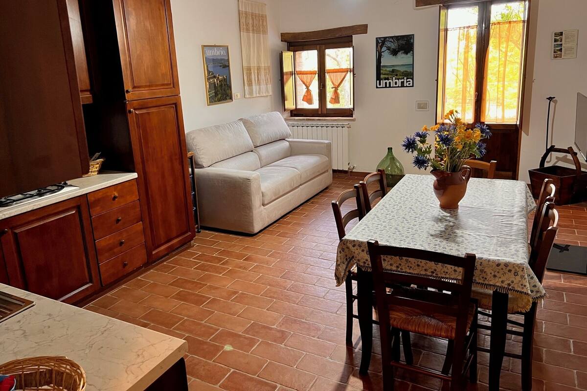 Uma sala de estar aconchegante com sofá, uma mesa de jantar com cadeiras, uma cozinha com armários e uma janela com cortinas.