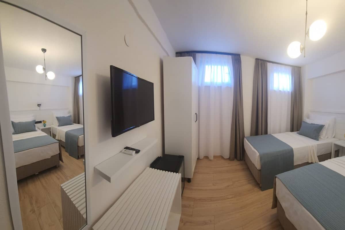 Habitación de hotel con dos camas individuales, un televisor, un radiador y una ventana con cortinas.