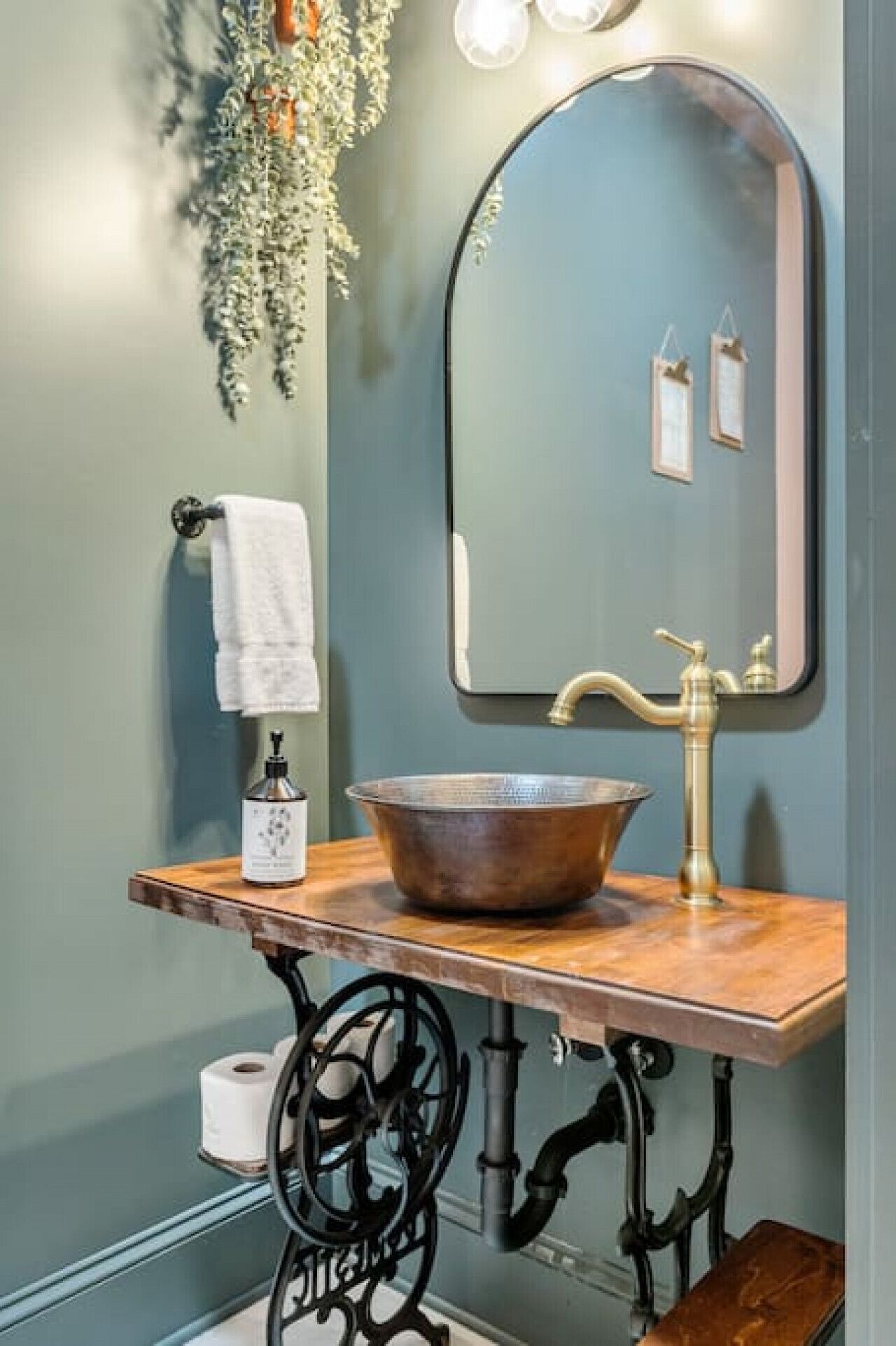 Une salle de bain avec un lavabo d’époque, un grand miroir et une plante suspendue.