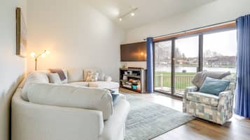 TV, fireplace, DVD player, books
