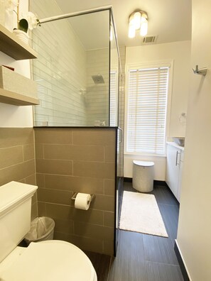 Hair dryer, towels, soap, shampoo