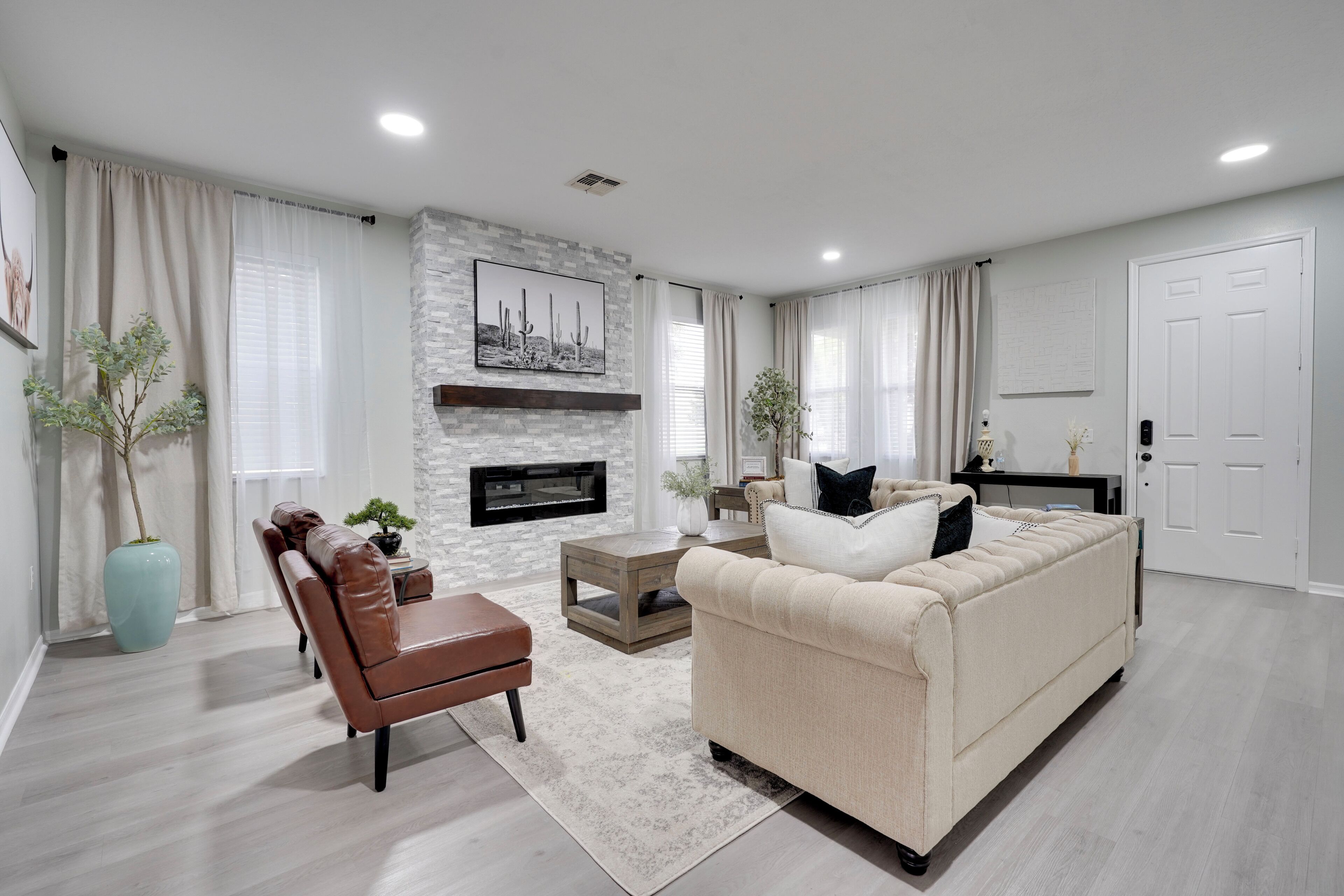 Smart TV, fireplace, books