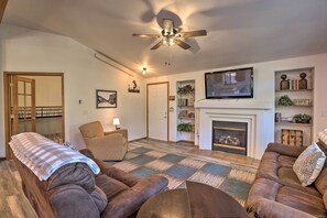 TV, fireplace, books