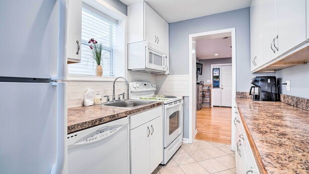 A modern kitchen with white cabinetry, a built-in microwave, a stainless steel sink, and a granite countertop.