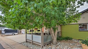 Un quartier résidentiel avec un arbre, un espace extérieur abrité avec des sièges, et un bâtiment écologique.